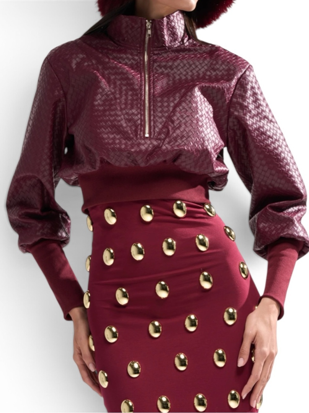 🔥🔥AKIRA VENETTA FAUX LEATHER QUARTER ZIP SWEATSHIRT BURGUNDY SIZE S - Picture 2 of 6